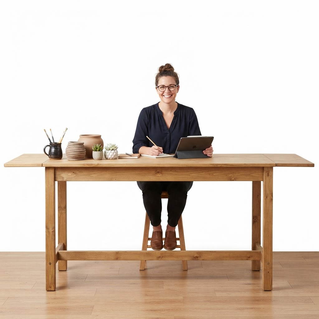 Small business owner reviewing a financing approval on a tablet at her worktable