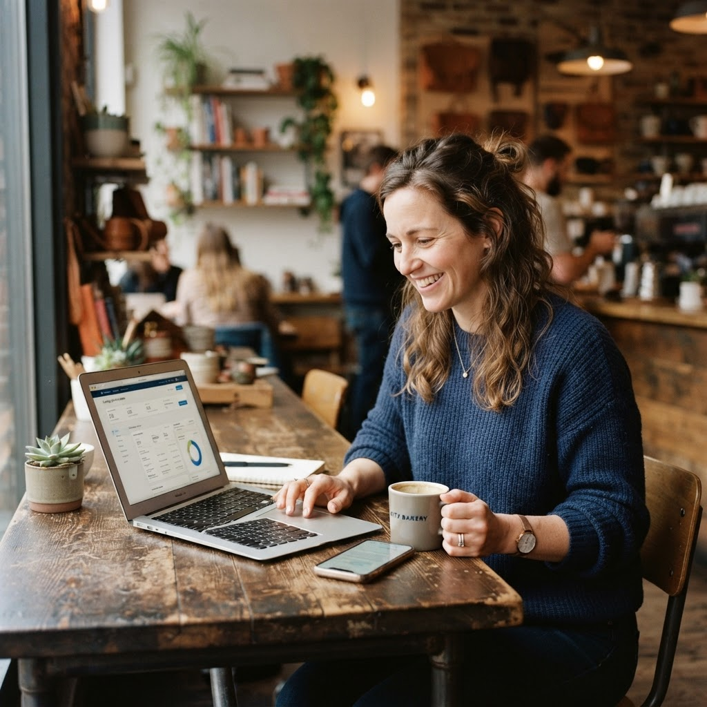 A business owner reviewing a funding offer on a laptop