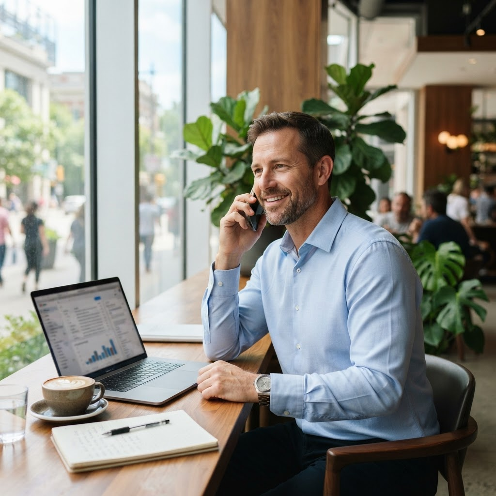 Business owner speaking on the phone beside a laptop